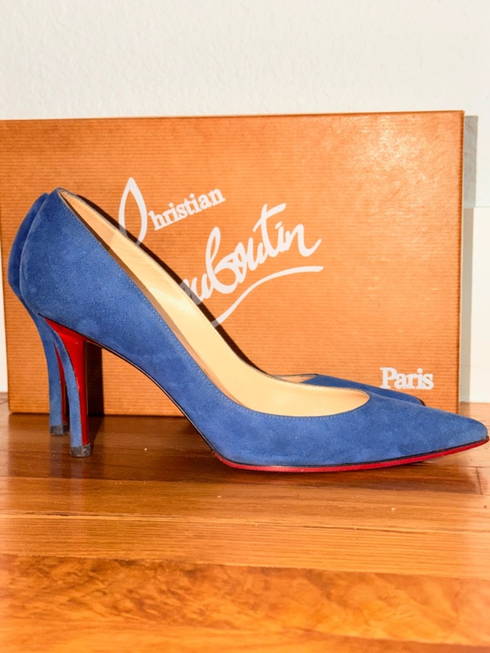 Christian Louboutin Blue Suede Pumps with Red Bottom Soles
